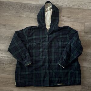 L.L. Bean Flannel Womens 3X Sherpa Hoodie Scotch Plaid Hiking  Shacket Shirt